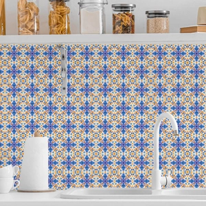 French vintage Mediterranean kitchen backsplash wall stickers with blue and yellow floral pattern
