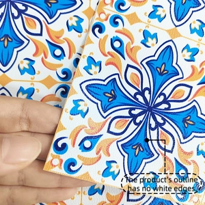 Macro detail of Mediterranean style floral tile sticker with matte textured finish and no white edges