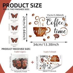 Stickers muraux tasse café 3D et 12 papillons avec dimensions pour déco salon de thé