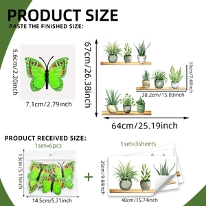 3D green butterfly and potted plant wall sticker set for home living room decor