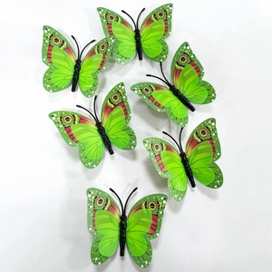 Set of 6 3D green double-layer butterfly wall stickers for home decor with vibrant patterns