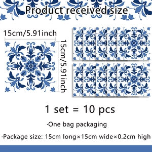 Detail of 10-piece set vintage blue floral tile stickers in 15x15cm square size
