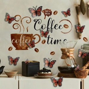 Lot de stickers muraux papillons 3D avec lettrage Coffee Time pour déco de cuisine