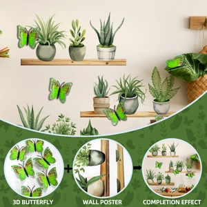 3D green butterfly wall stickers with watercolor potted plant shelf decals home decor