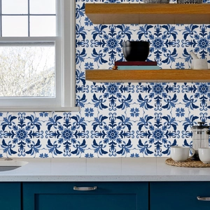 Blue and white vintage floral tile stickers for kitchen backsplash with geometric patterns