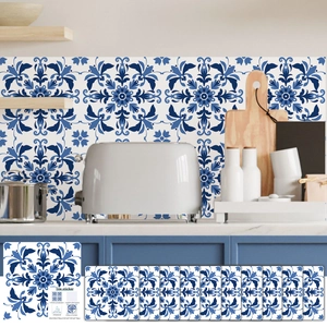 Detail of 20x20cm waterproof blue mandala tile stickers with textured leather finish