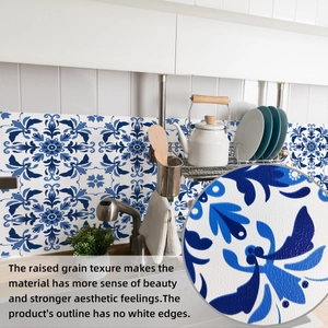 Detailed view of blue retro tile stickers showing raised grain texture and clean edges