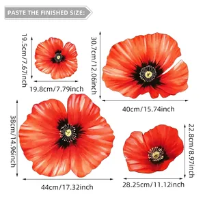 Size chart for orange floral wall stickers set showing four different flower dimensions
