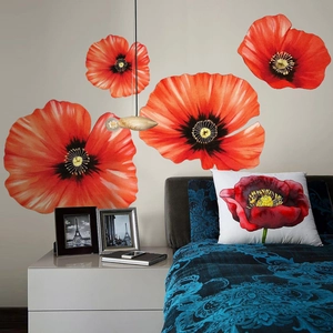 Floral wall sticker with vibrant orange-red poppy blossoms for modern bedroom wall decor