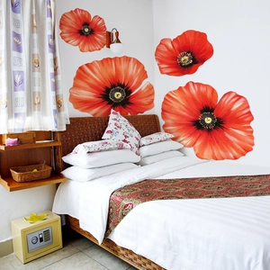 Vibrant red poppy flower wall stickers for bedroom wall decor over headboard