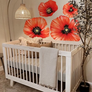 Red poppy flower wall stickers set for nursery room decor with realistic petal textures