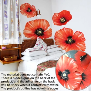 Detail of red poppy wall decals with non-PVC material and water-activated adhesive backing