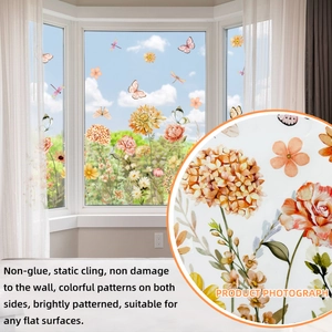 Dettaglio di adesivi elettrostatici con fiori e farfalle e colori fronte-retro