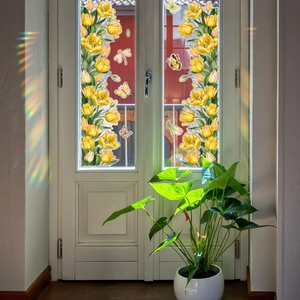 Vibrant tulip and butterfly static window cling sticker with rainbow light refraction