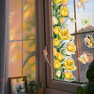 Rainbow prism window film with yellow tulips and butterflies for glass decor