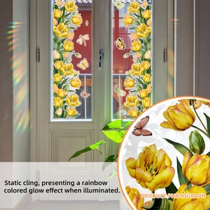 Detail of static cling tulip window film showing rainbow light effect and matte texture