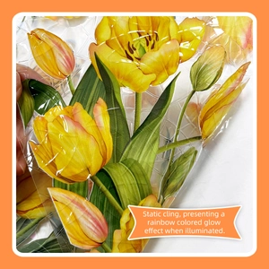 Close-up of static cling window film featuring yellow tulips and 3D diamond texture