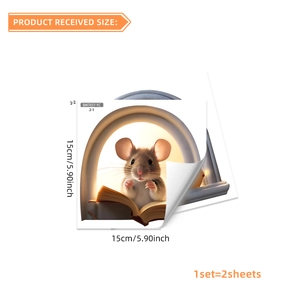 Cartoon mouse reading book wall decal set of 2, removable self-adhesive stickers for home