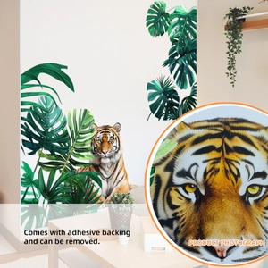 Tropical watercolor tiger and green leaves self-adhesive wall sticker for home decor