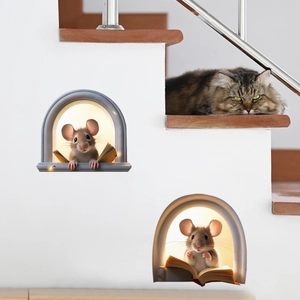 3D realistic mouse hole wall stickers with cute mice reading books on wooden stairs