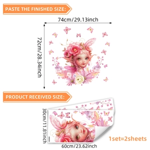 Pink floral fairy wall decal set with butterflies for bedroom decor measuring 74x72cm