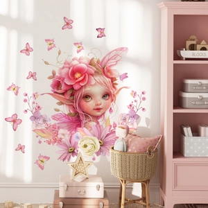 Pink Flower Fairy Girl Wall Stickers With Butterflies Removable PVC Self Adhesive Wall Decal For Kids Girls Bedroom Nursery Decor