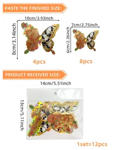 Size chart for 12pcs gold-edged butterfly wall stickers with rose and skull patterns