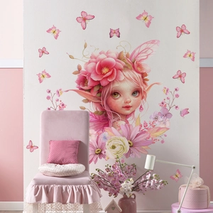 Pink fairy girl and butterflies wall sticker for nursery or living room decor