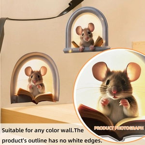 3D cartoon mouse reading in arch window wall sticker with realistic shadow effect