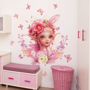 Pink floral fairy girl wall sticker for living room bedroom romantic home decor