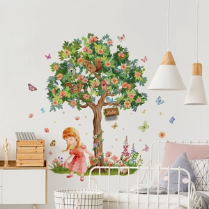 Cartoon tree wall decals with squirrel, girl and butterflies for nursery decor