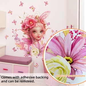 Detail of floral butterfly fairy wall sticker with self-adhesive backing for bedroom decor