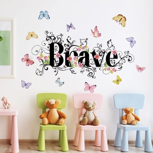 Brave Quote Butterfly Flower Vine Wall Stickers PVC Self-Adhesive Removable Home Decor Decals For Kids Room Bedroom