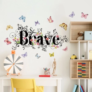 Creative butterfly and vine wall stickers with Brave lettering for room wall decoration