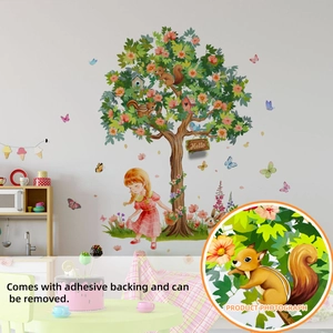Cartoon wall decal with large pink tree, cute squirrel, and girl for kids room decor