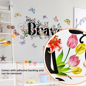 Self-adhesive Brave wall decal with butterfly and floral vine for room wall decoration