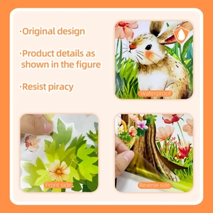 Waterproof detail of cartoon rabbit wall stickers with forest elements and adhesive backing