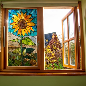 Sunflower Stained Glass Style Window Sticker Static Cling PVC Double Sided Visible Translucent Mosaic Art Decorative Film