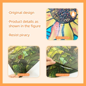 Detail of waterproof sunflower static glass film showing dual-sided visual effects