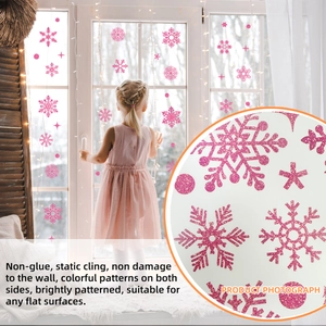 Pink glitter Christmas snowflake static window clings with double-sided visual design