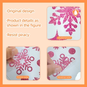 Detailed views of pink glitter snowflake window stickers showing waterproof front and back