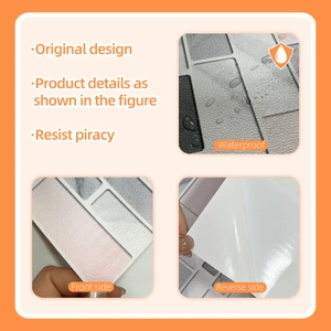 Detailed macro view showing 3D marble tile sticker textures and waterproof surface testing