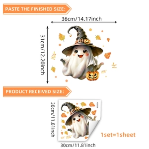 Halloween ghost wall stickers with witch hat, pumpkin and autumn leaves, 36x31cm size