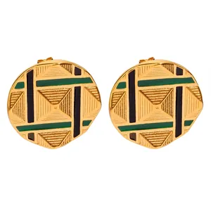 Vintage Round Geometric Stud Earrings Titanium Steel Enamel Green Black Pyramid Texture Gold Plated Jewelry For Women