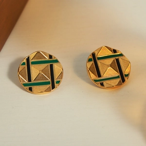 Gold-plated stainless steel pyramid earrings with green and black enamel accents