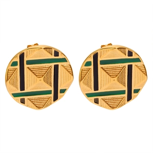 Golden round stud earrings with colorful enamel geometric patterns and pyramid engravings