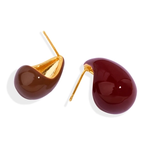 Minimalist 18k gold plated hollow teardrop earrings with deep burgundy enamel finish