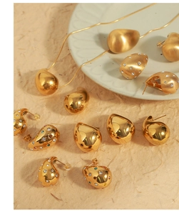 Detail of 18K gold-plated teardrop earrings and necklace with matte and polished finishes