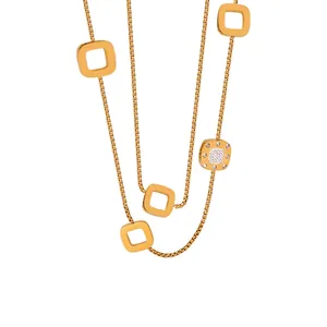 Geometrische Quadrat Herz Box Kette Lange Pullover Kette Titan Stahl Vergoldet Tschechischer Diamant Elegant Damen Schmuck