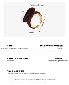 Detailed size chart of water drop enamel ring with gold plating and dimensions